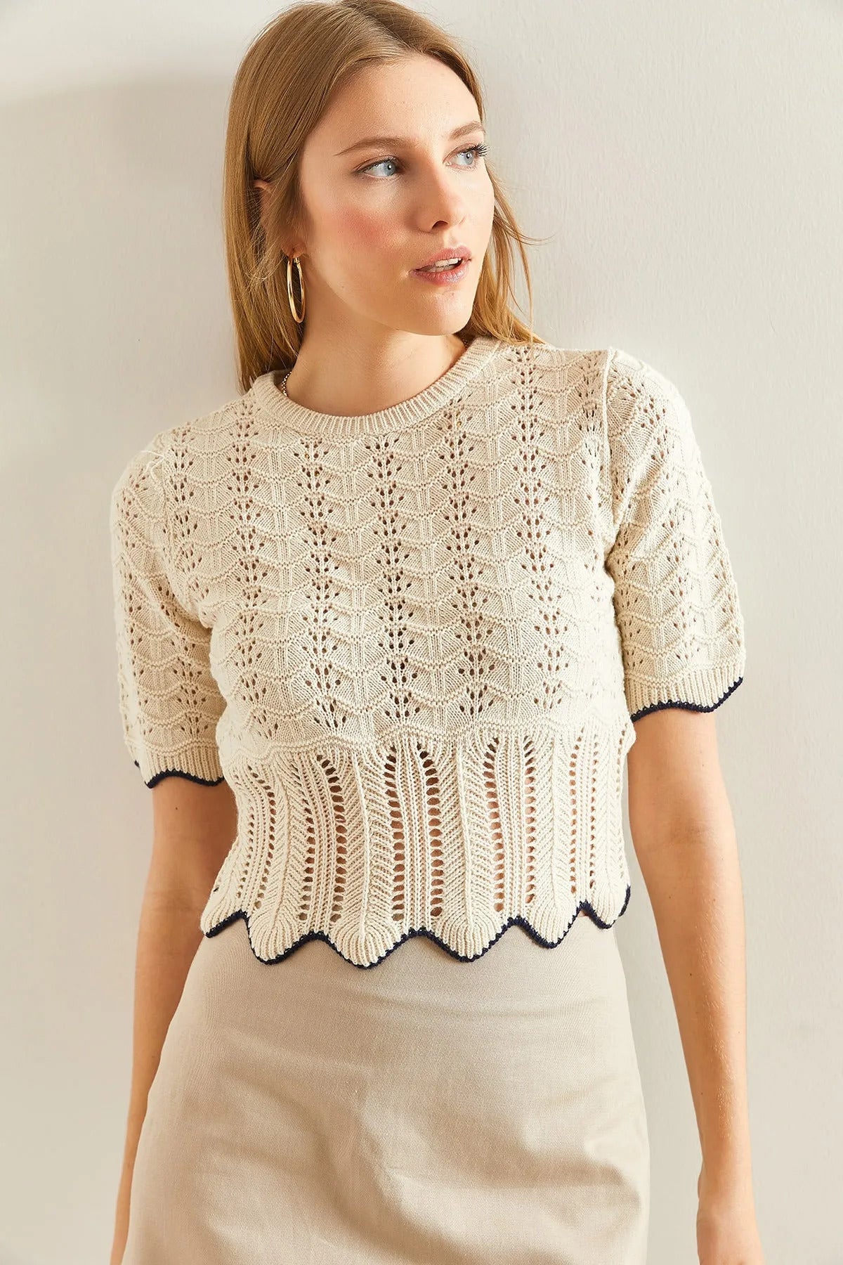 Patterned Sweater Blouse - Beige