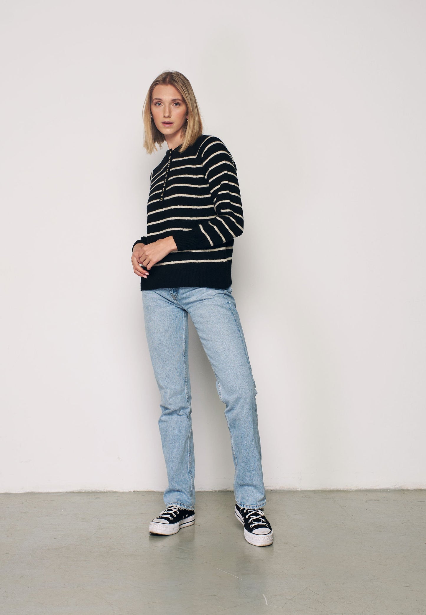 Women's Turtleneck Striped Knit Sweater with Buttonhole Collar