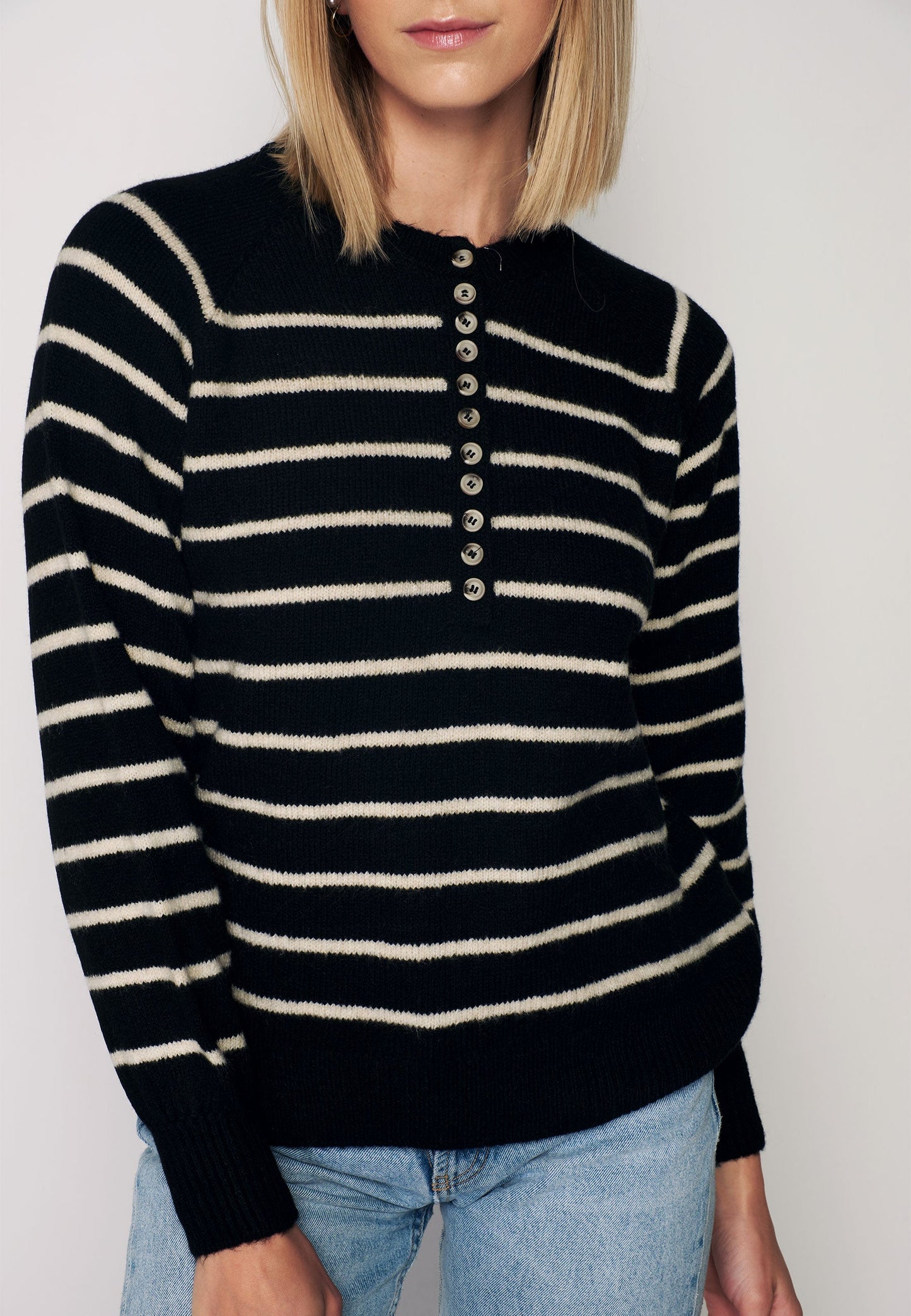 Women's Turtleneck Striped Knit Sweater with Buttonhole Collar