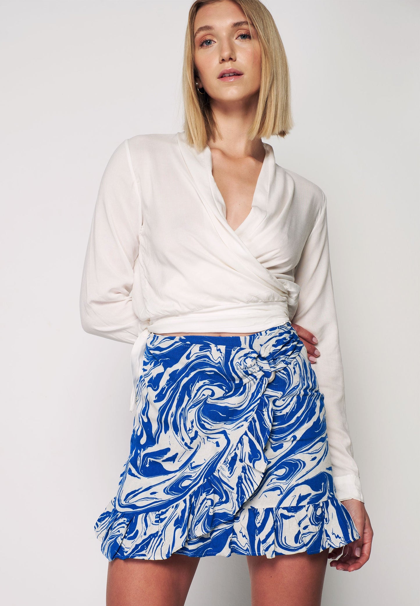 Women's Patterned Linen Skirt with Frill Buckle Detail