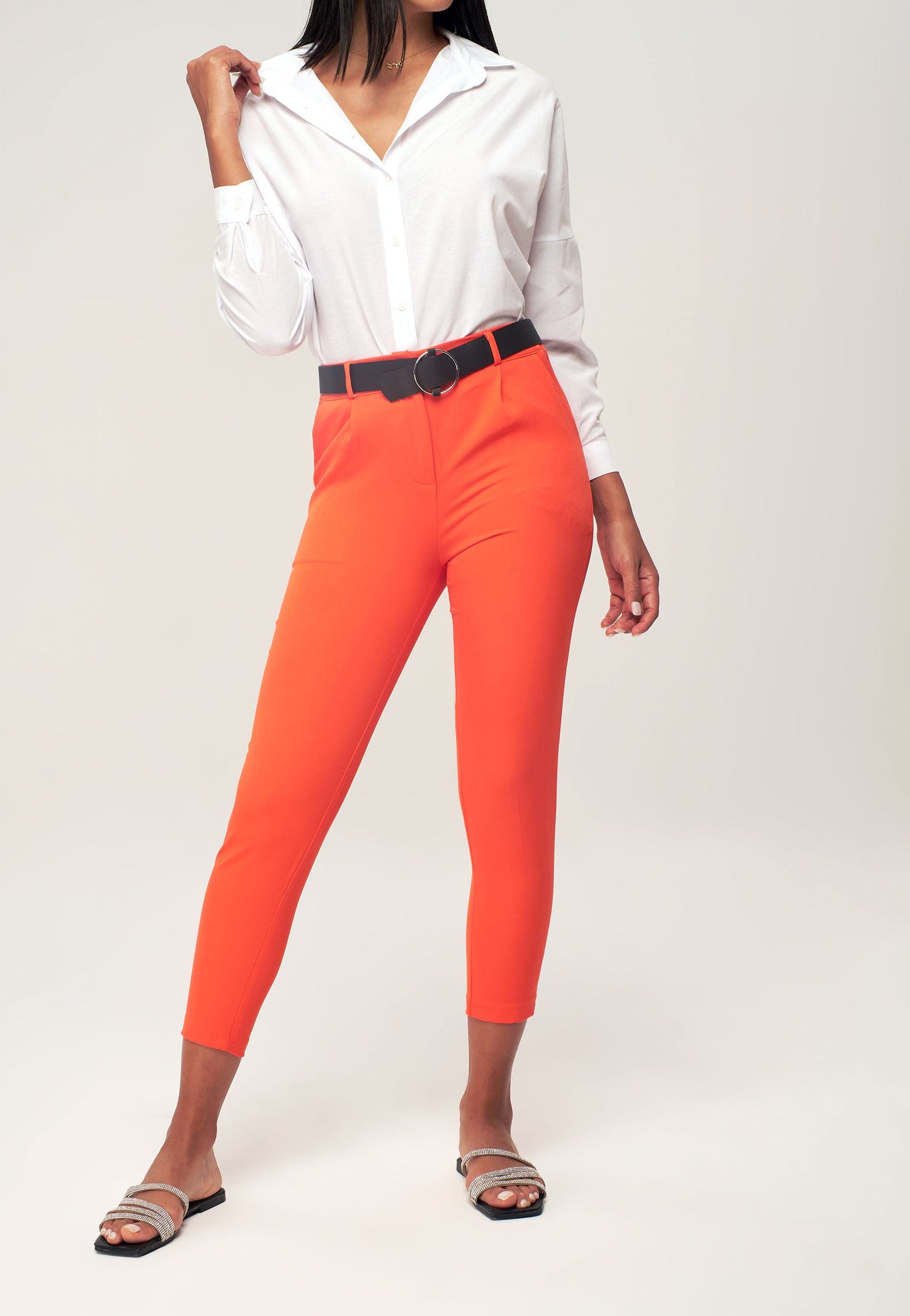 Women's Belted Trousers with Elasticated Waistband