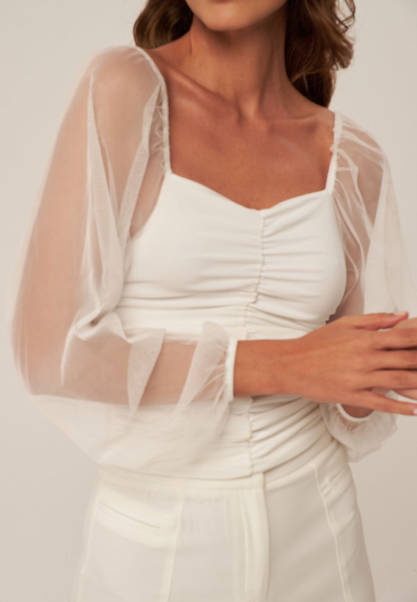 Women's Sleeves Tulle Blouse with Shirred Front