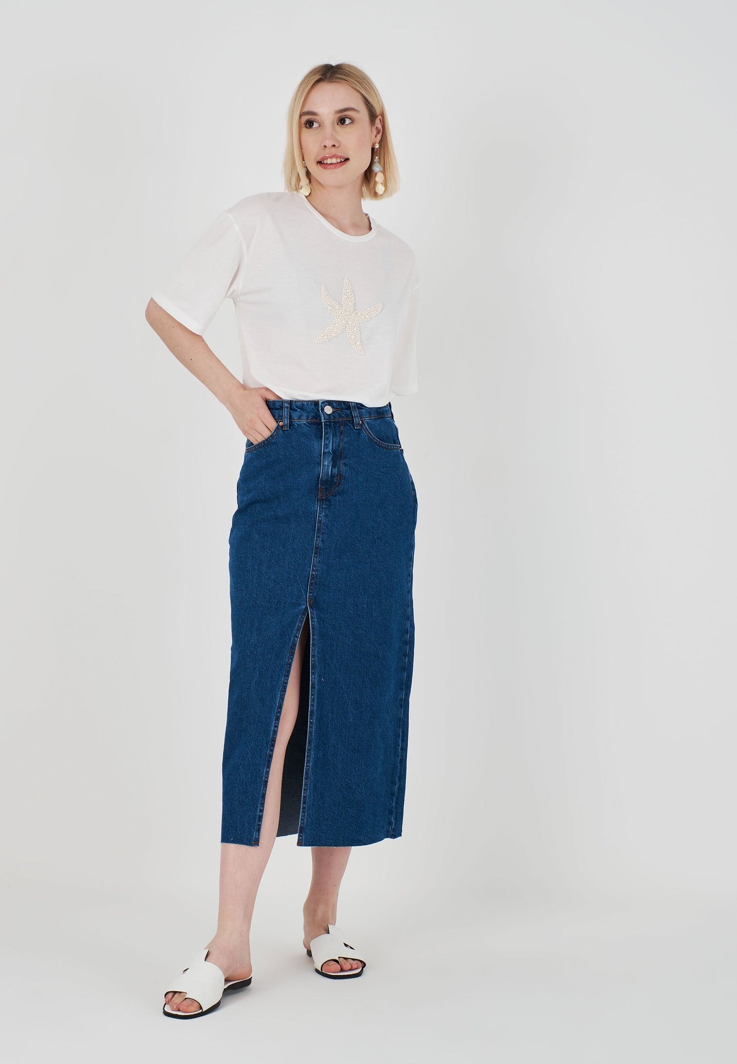 Women's Laser Cut Denim Skirt with Slits