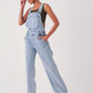 Women's Long Denim Salopet with Straps Bag Pockets