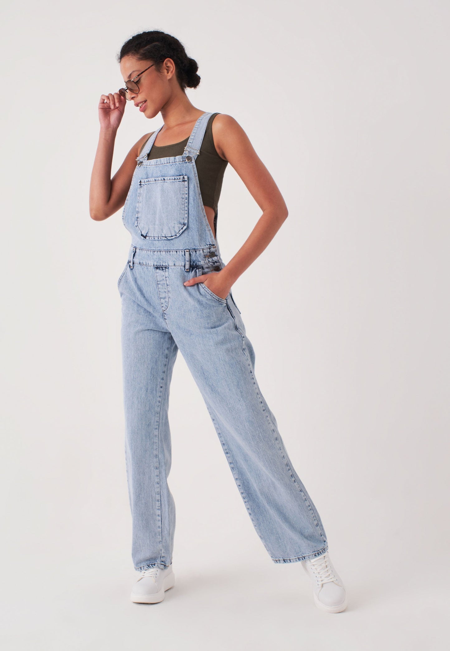 Women's Long Denim Salopet with Straps Bag Pockets