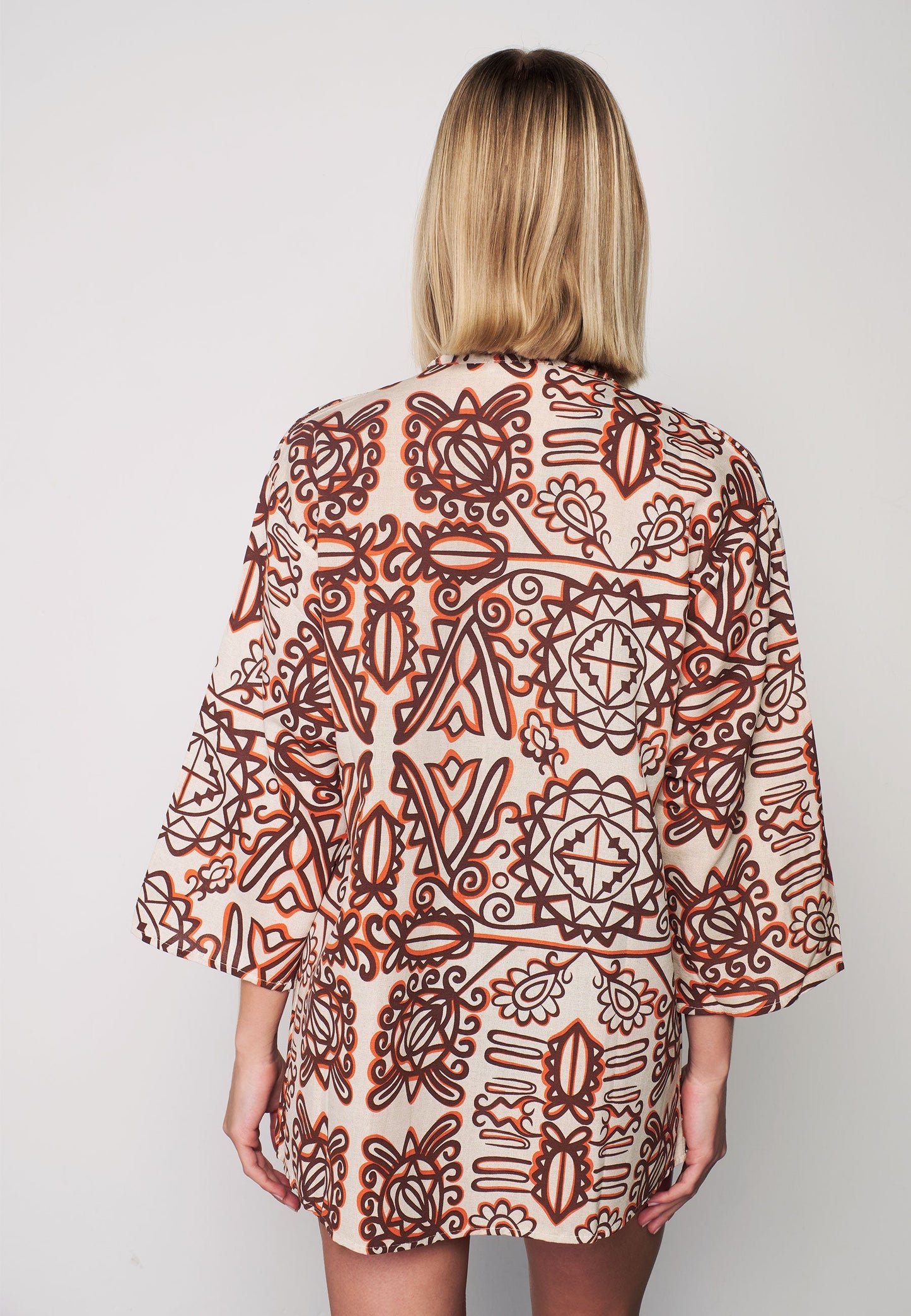 Women's Multi Patterned Linen Kimono - Brown