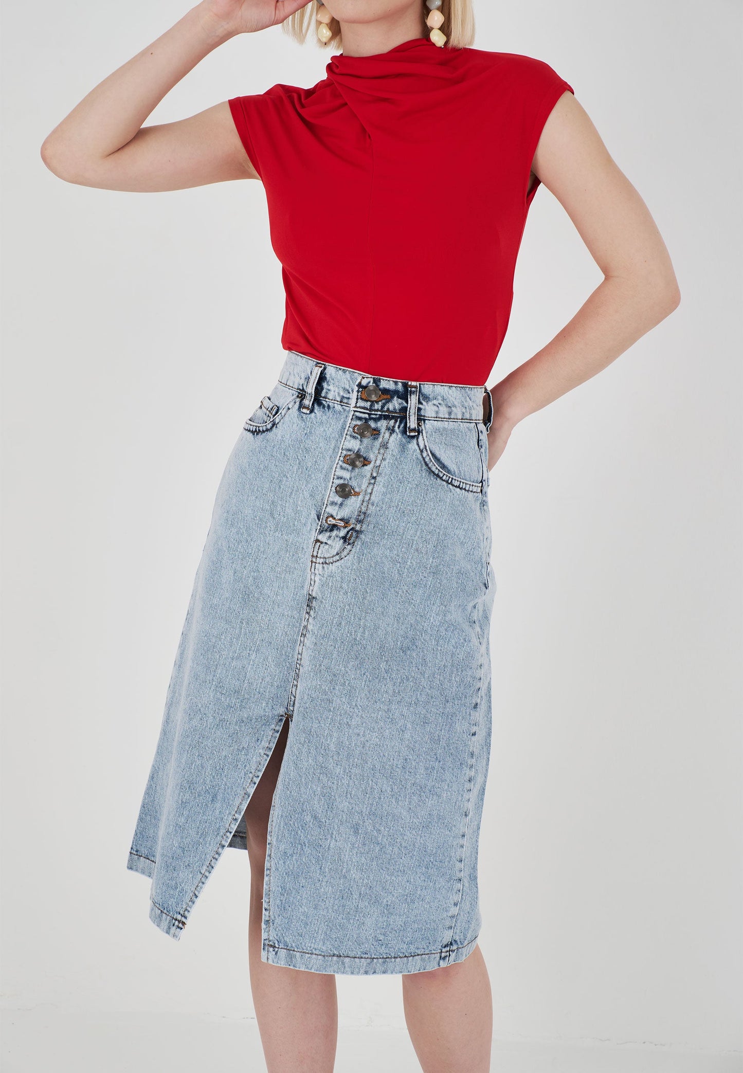 Women's Buttoned Straight Slit Denim Skirt