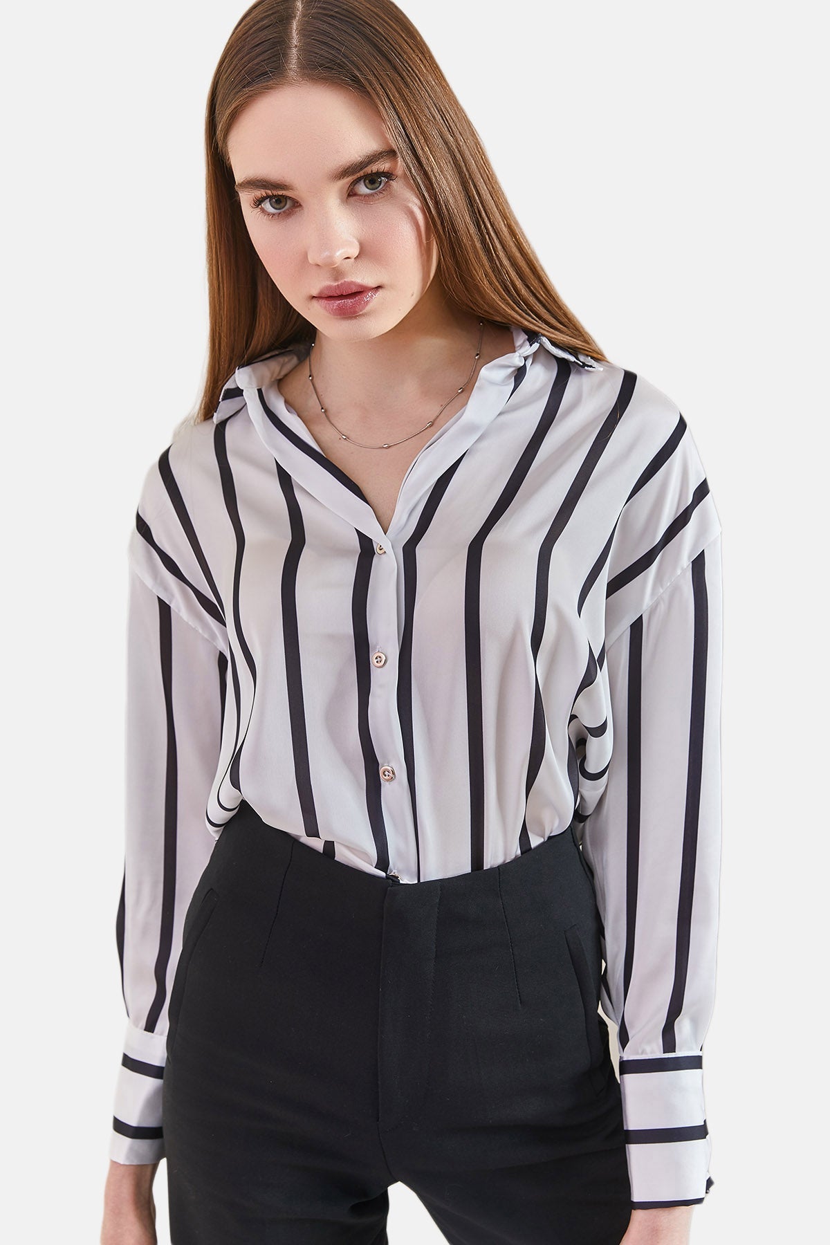 Herita Women's Cuff Sleeve Striped Satin Shirt