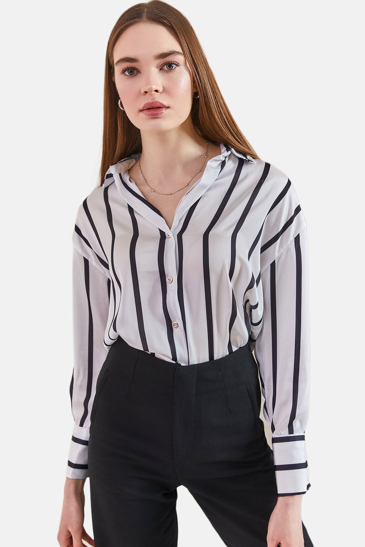 Herita Women's Cuff Sleeve Striped Satin Shirt