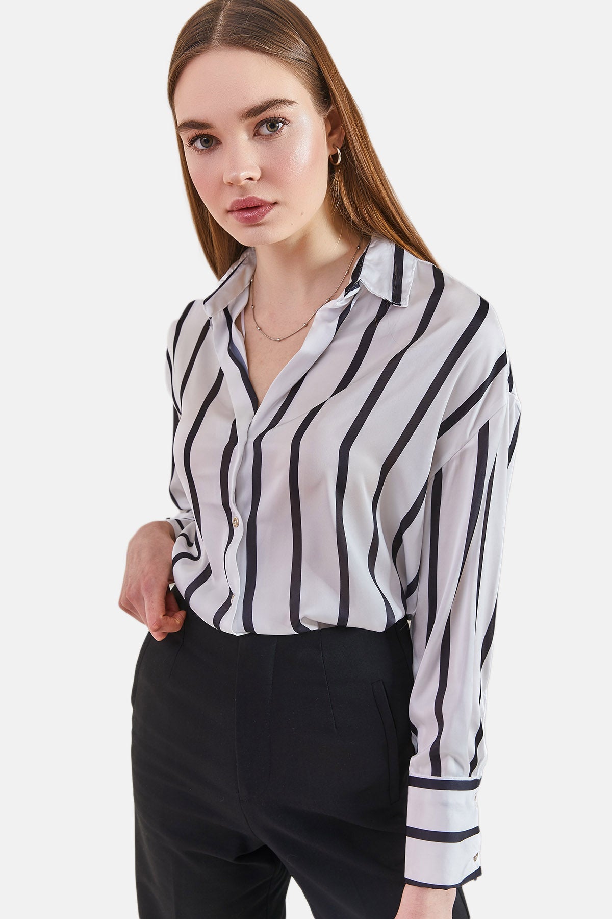 Herita Women's Cuff Sleeve Striped Satin Shirt