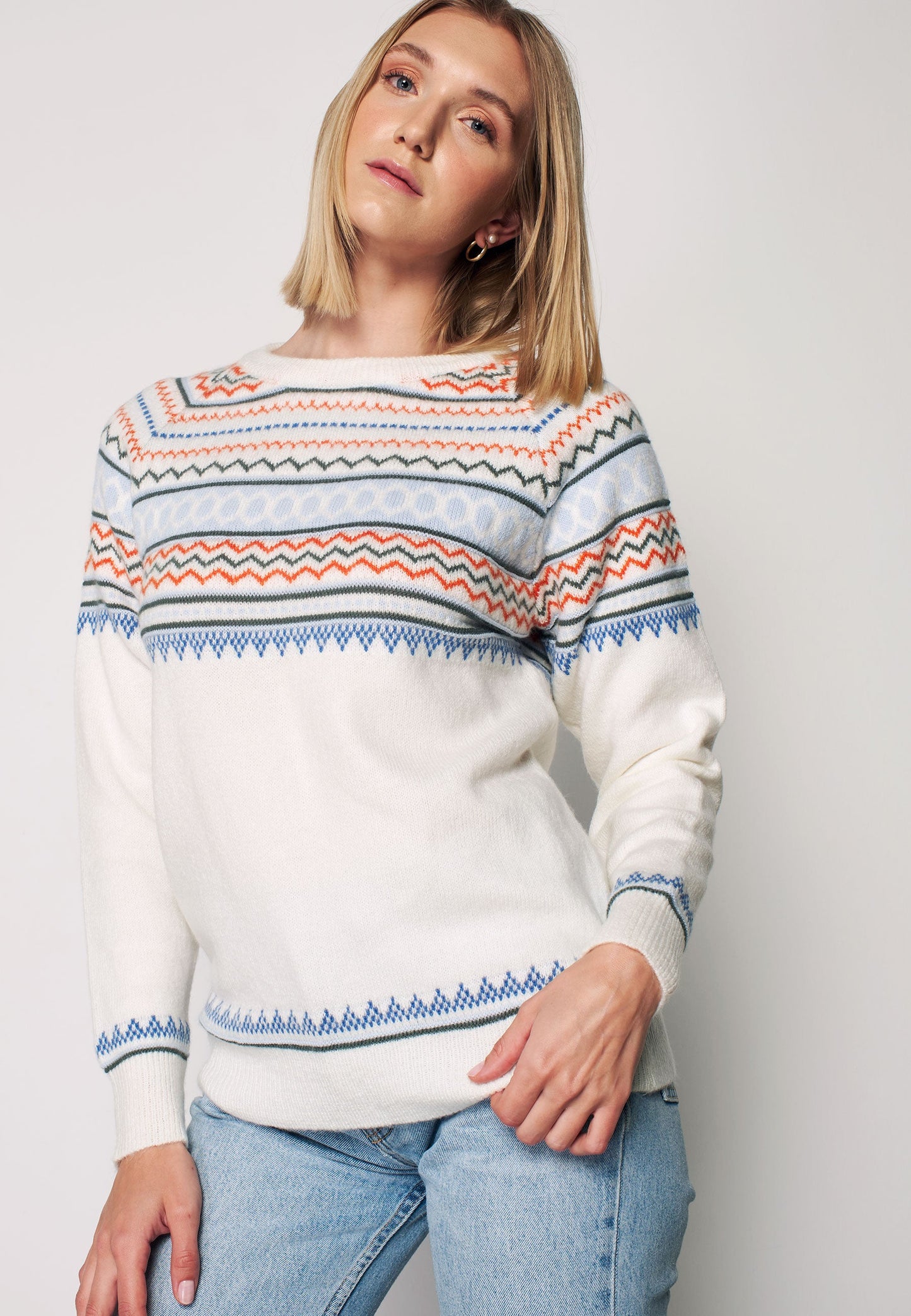 Soft Long Sleeve Blue Detailed Pullover - White