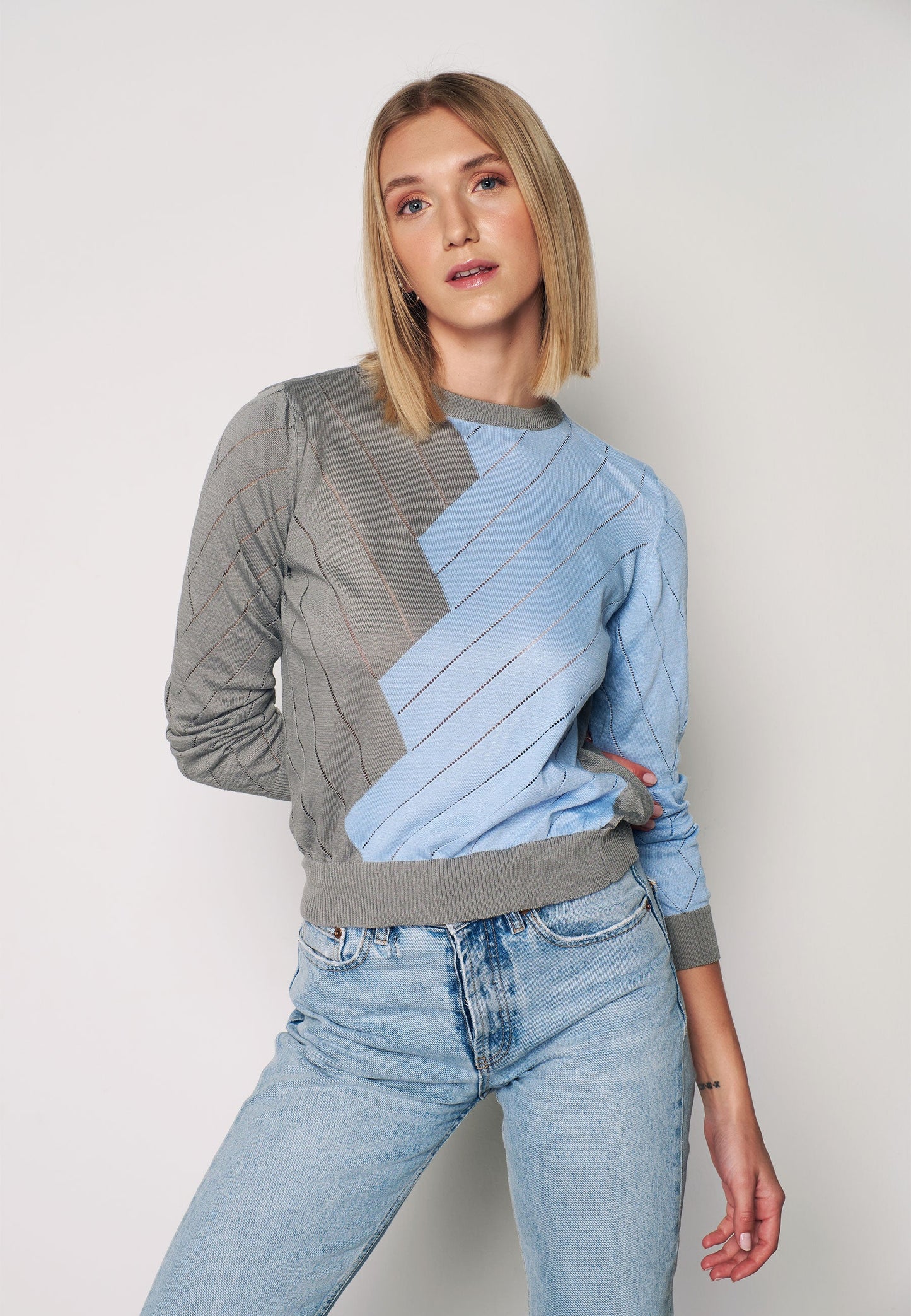 Double Color Long Sleeve Pullover - Blue & Grey