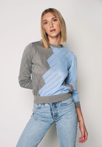 Double Color Long Sleeve Pullover - Blue & Grey