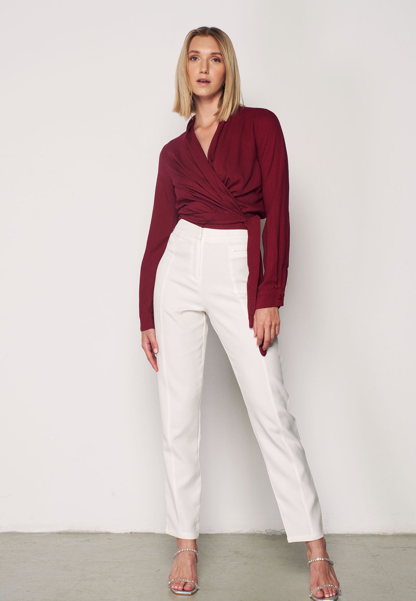 CREPE - Patterned Wrap Blouse - Burgundy