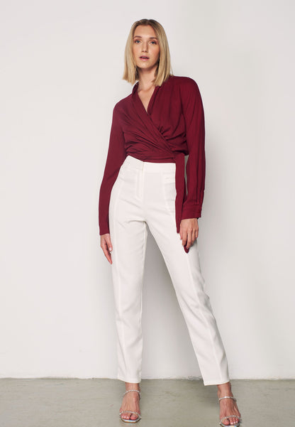 CREPE - Patterned Wrap Blouse - Burgundy