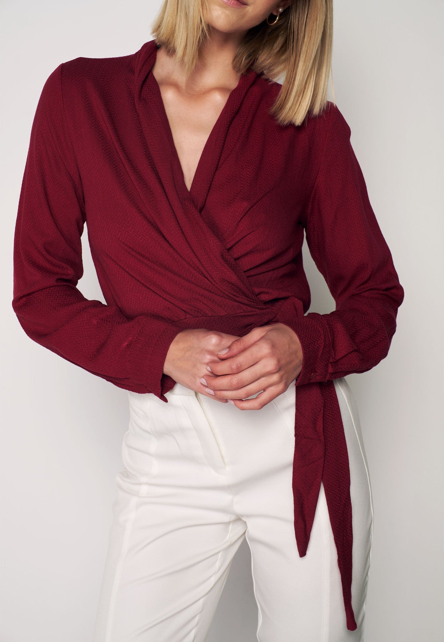 CREPE - Patterned Wrap Blouse - Burgundy