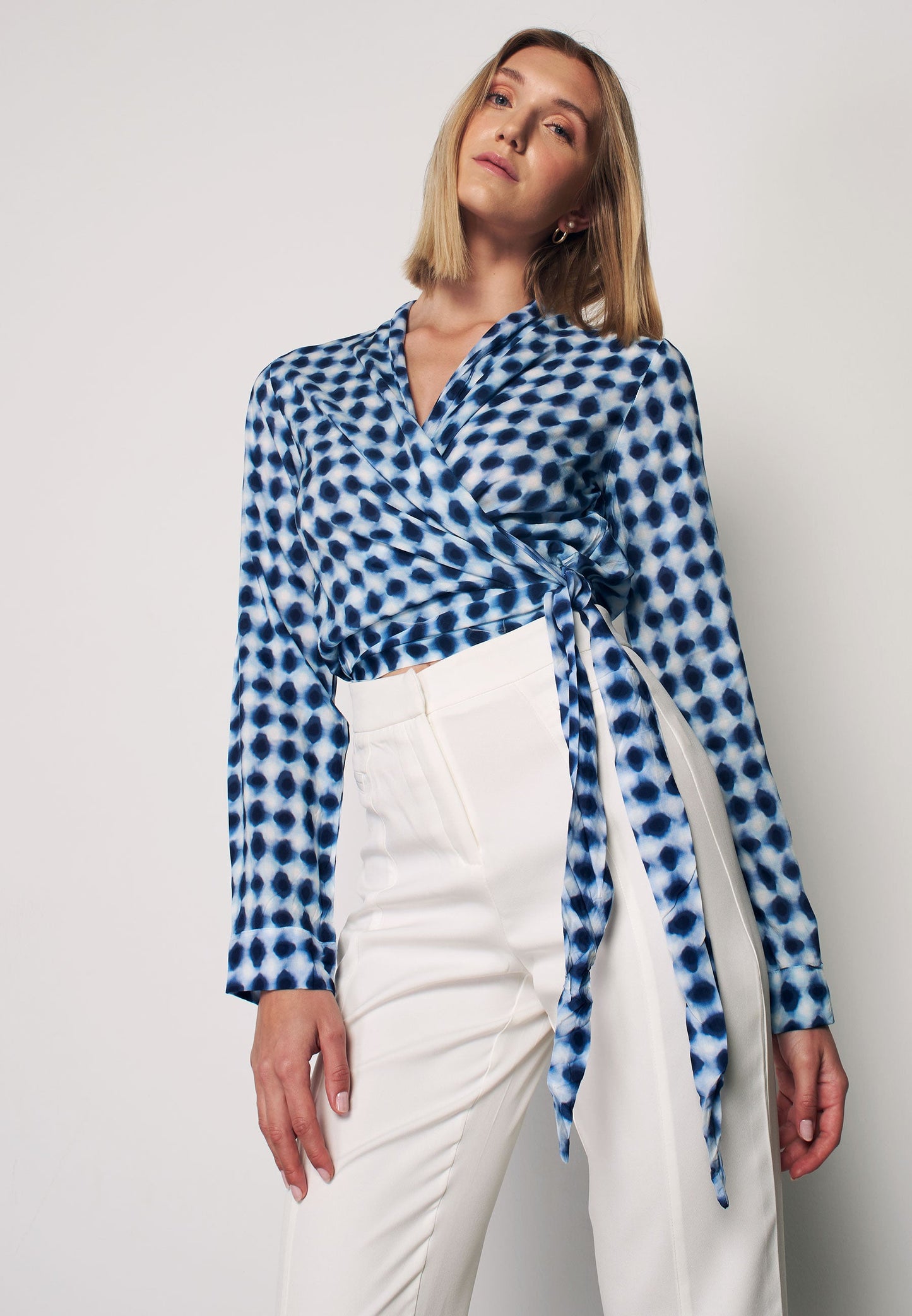 CREPE - Patterned Wrap Blouse - Blue & White