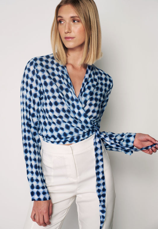 CREPE - Patterned Wrap Blouse - Blue & White