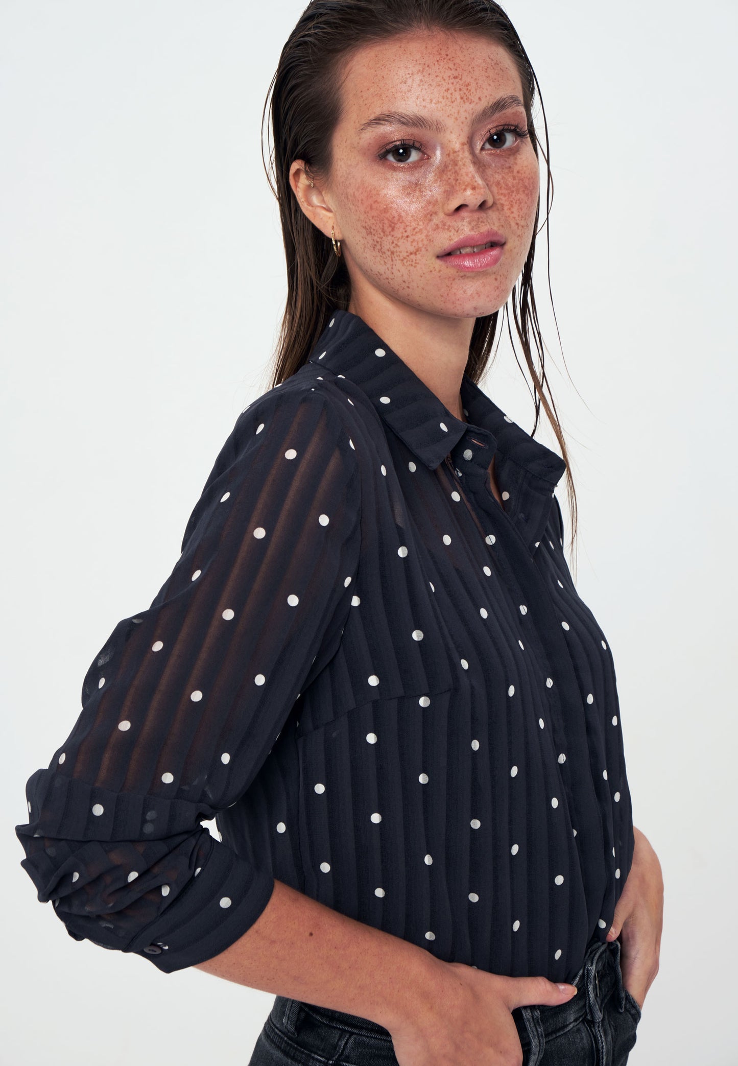 Tulle - Chiffon - Long Sleeve Shirt - Navy blue white polka dot