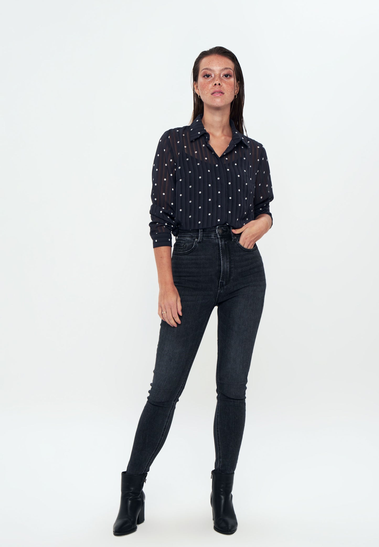 Tulle - Chiffon - Long Sleeve Shirt - Navy blue white polka dot