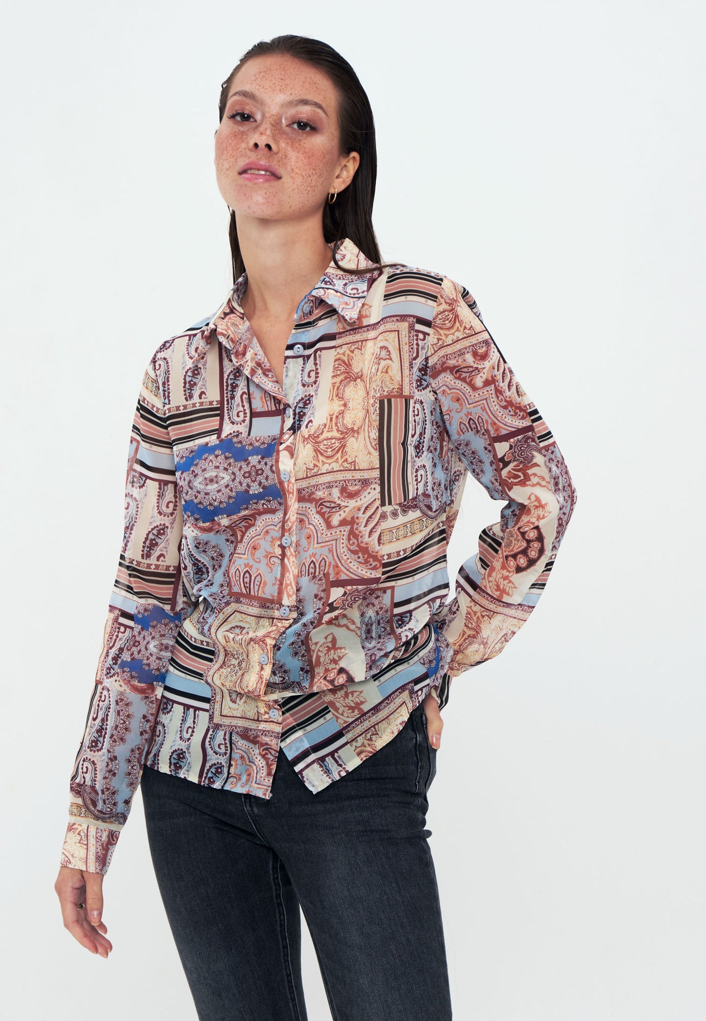 Printed - Long Sleeve Shirt - Beige blue