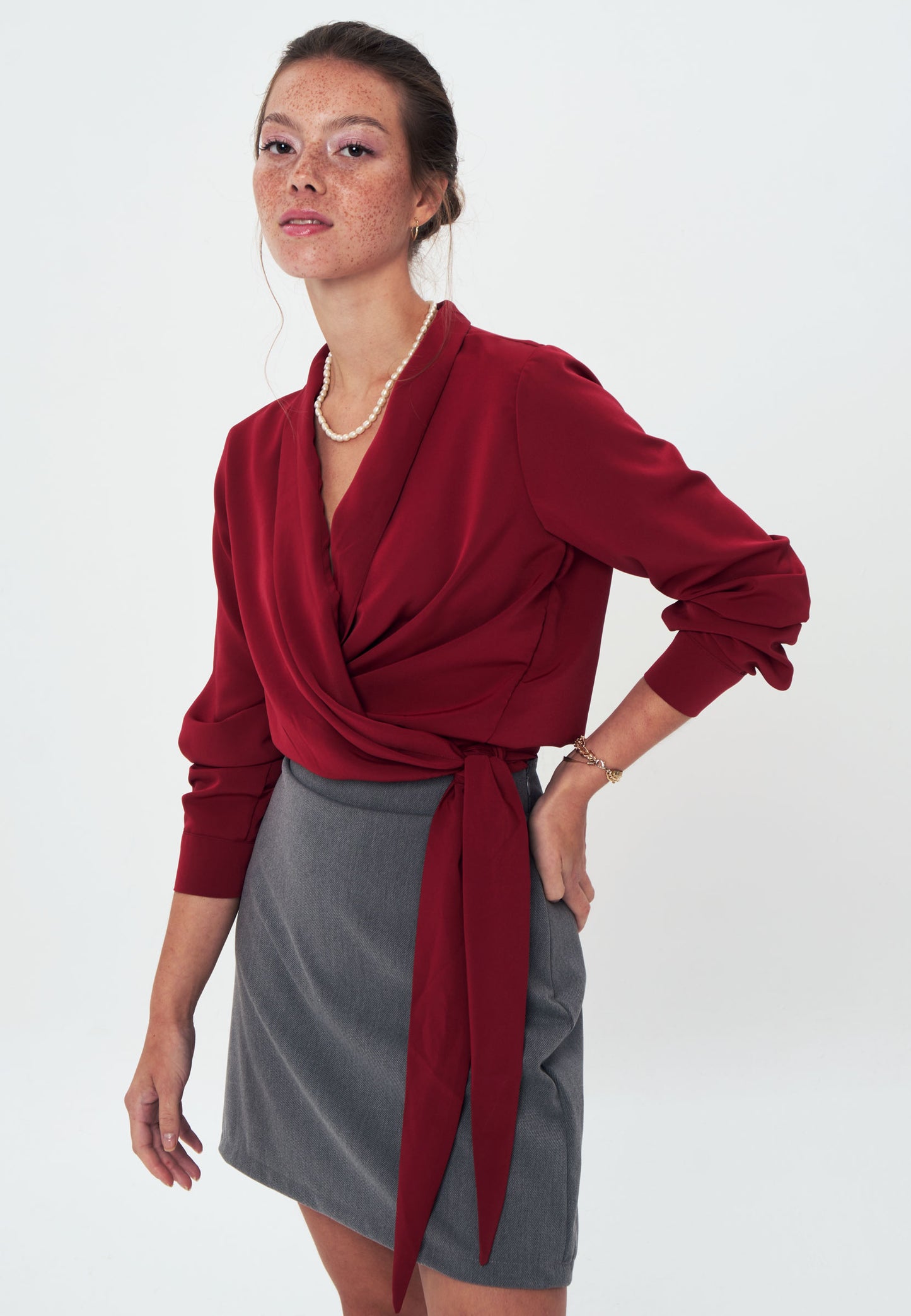 CREPE - Wrap Shirt Blouse - Burgundy