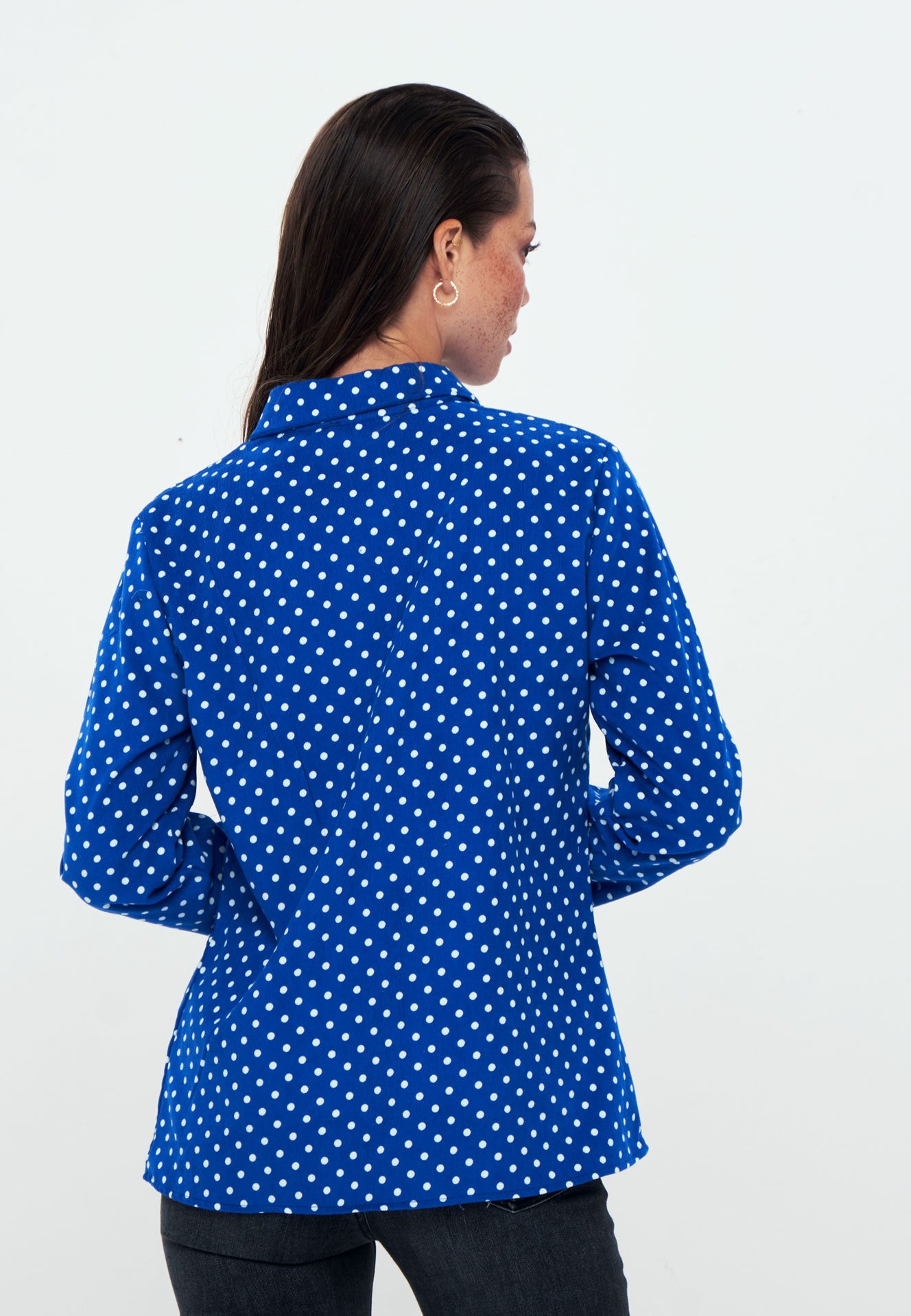 Herita Velvet Long Sleeve Shirt Blue white polka dot