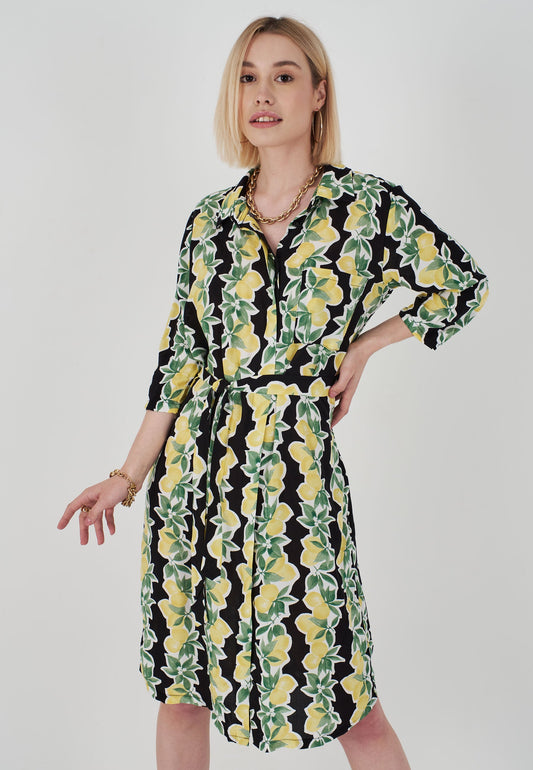 Herita Lemon Patterned Shirt Dress Black & Yellow