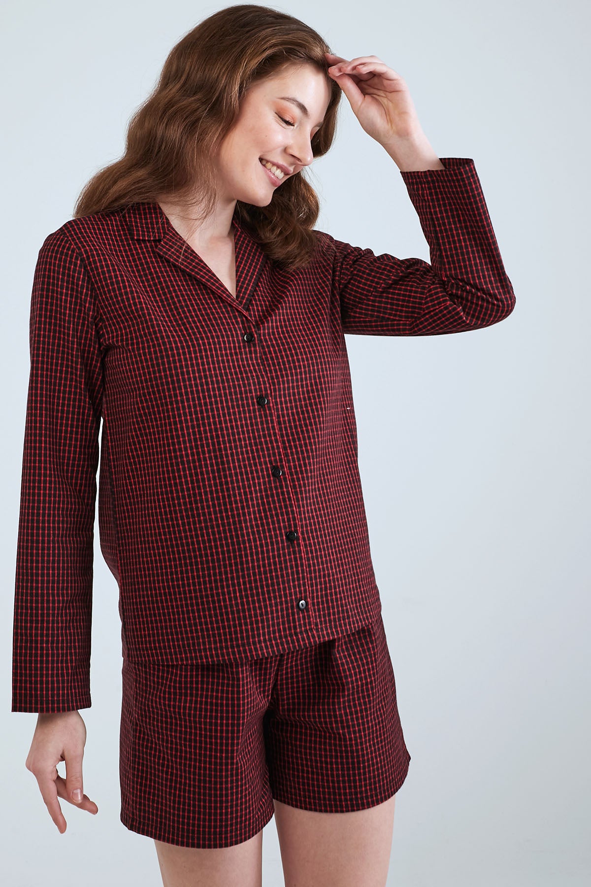 Partterned Shirt Long Sleeve Pyjama Set - Maroon