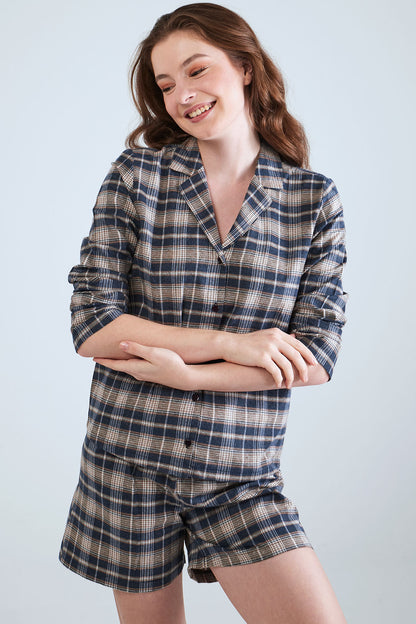 Partterned Shirt Long Sleeve Pyjama Set - Blue