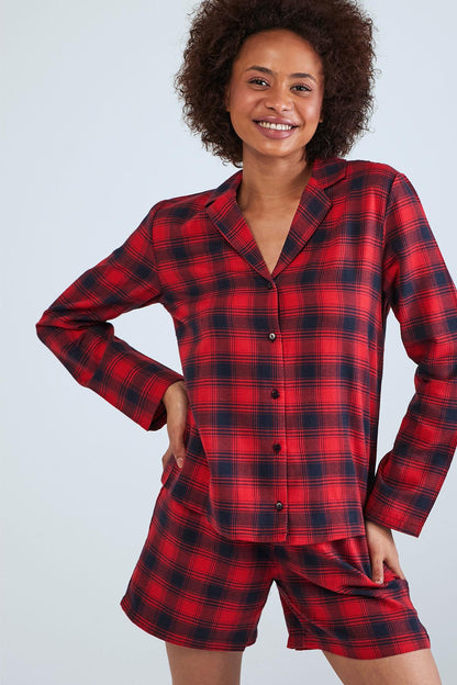 Patterned Shirt Long Sleeve Pyjama Set - Red check