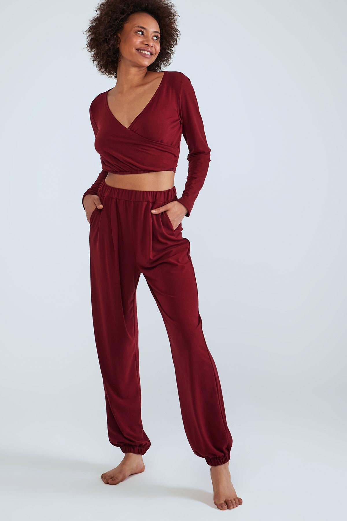 WRAP - Long Sleeve V Neck - Pyjama Set - Burgundy