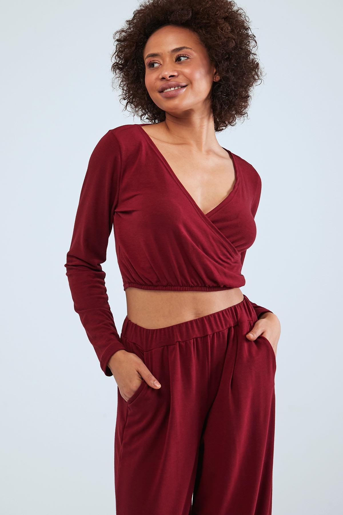 WRAP - Long Sleeve V Neck - Pyjama Set - Burgundy