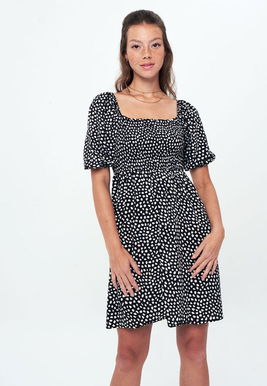 Herita Printed Smock Dress black white spot