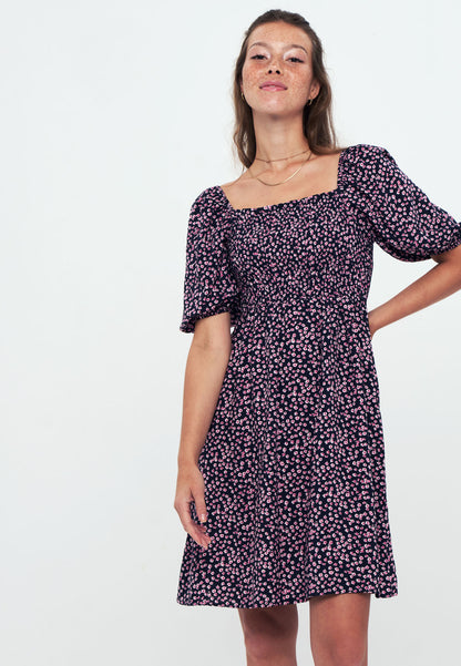 Printed Smock Dress - black purple meadow