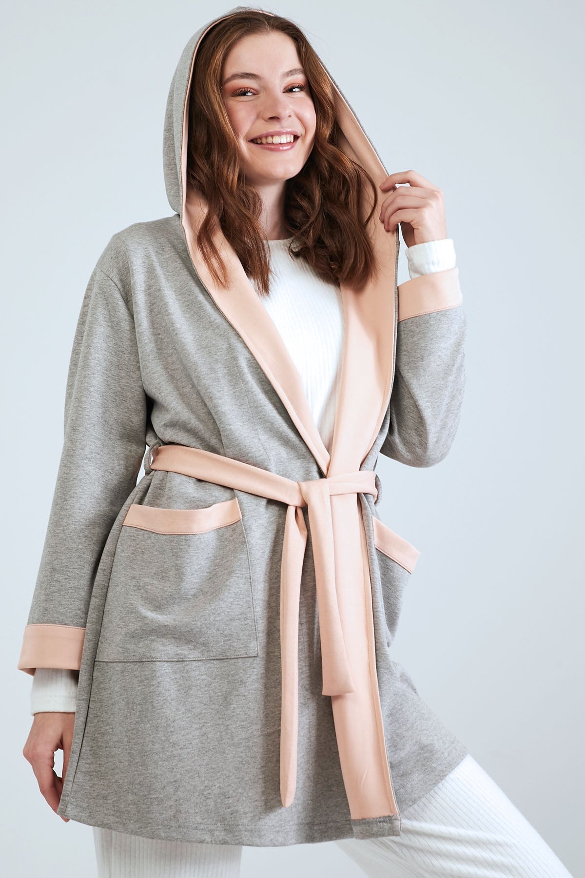 Grey Pink Cotton Dressing Gown