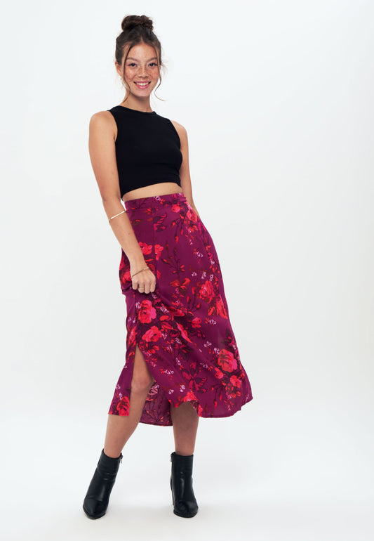 Herita Printed Long Slit Skirt Fuchsia floral