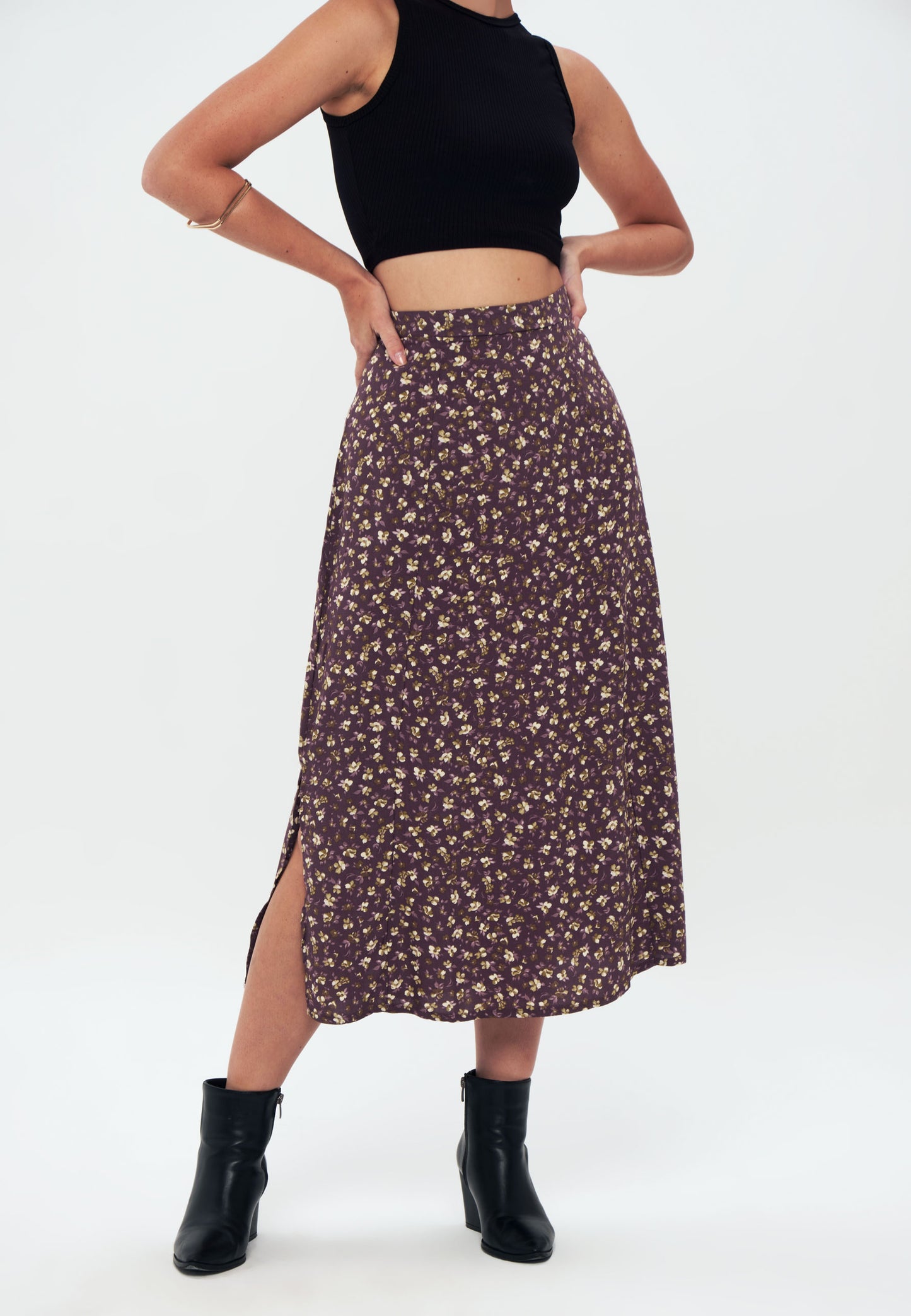 Herita Printed Long Slit Skirt Brown