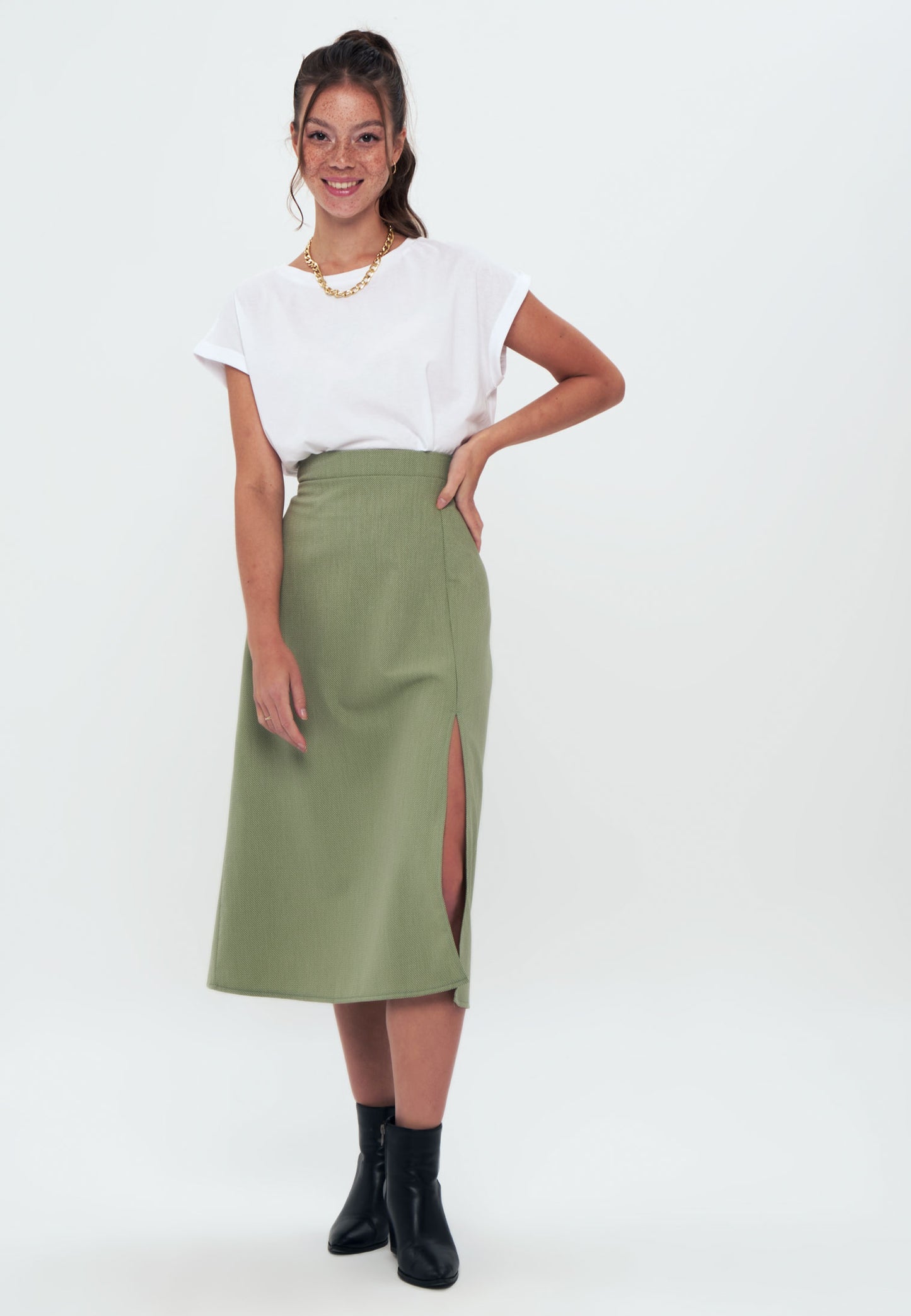 Front Slit Midi Skirt - Green