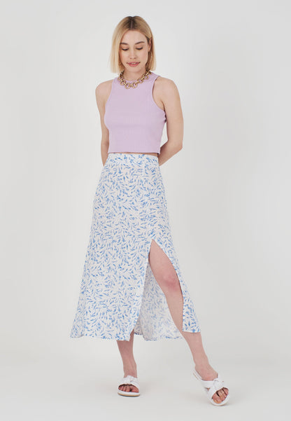 Blue Patterned Long Skirt - White