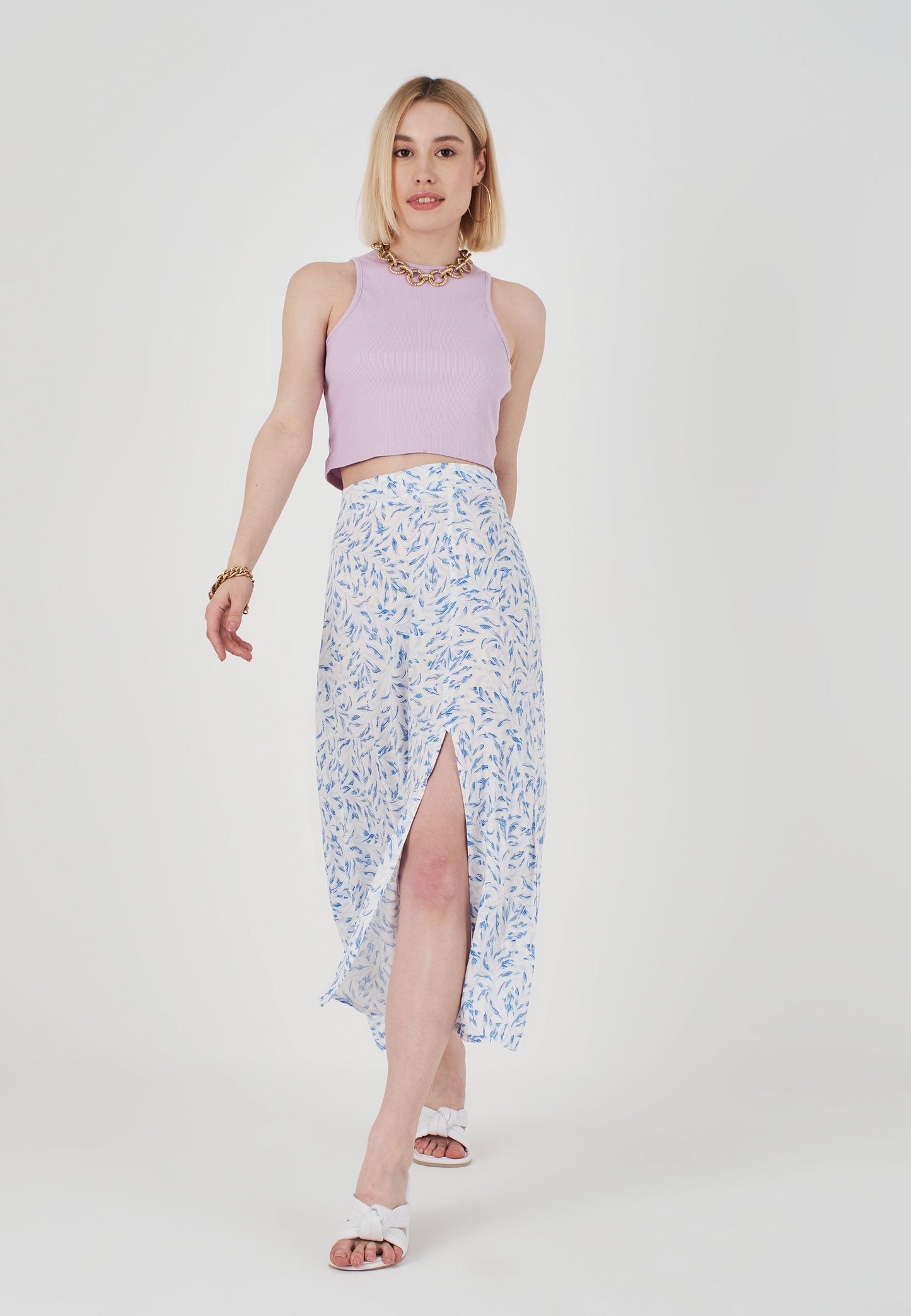 Blue Patterned Long Skirt - White