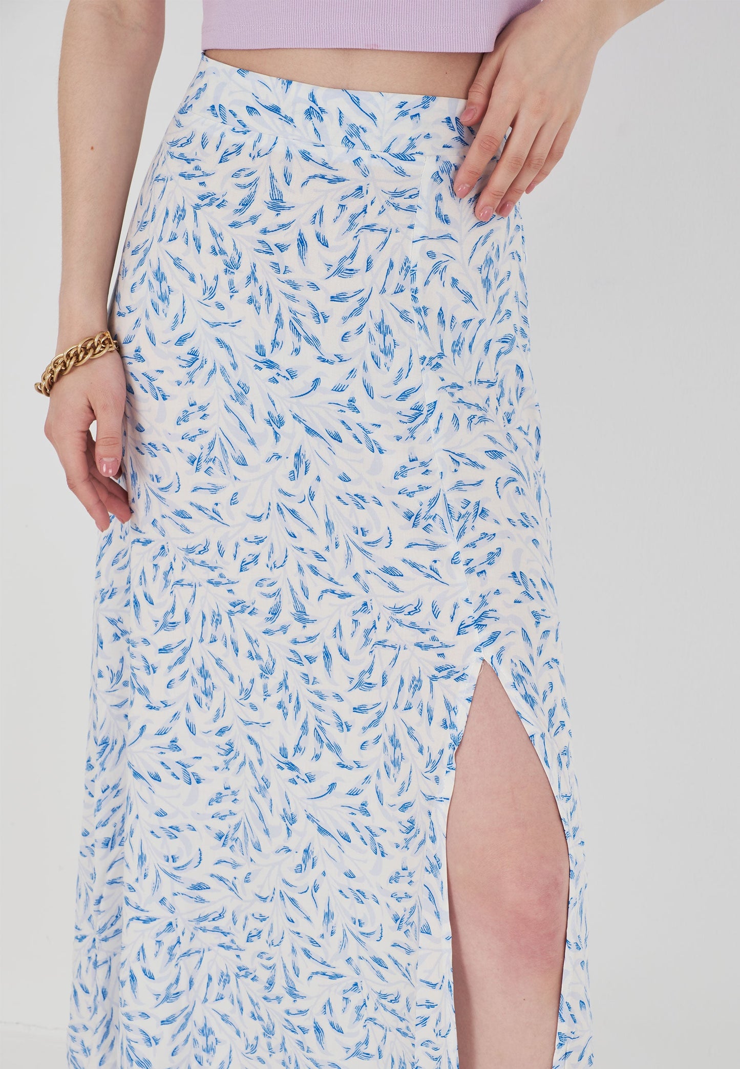 Blue Patterned Long Skirt - White