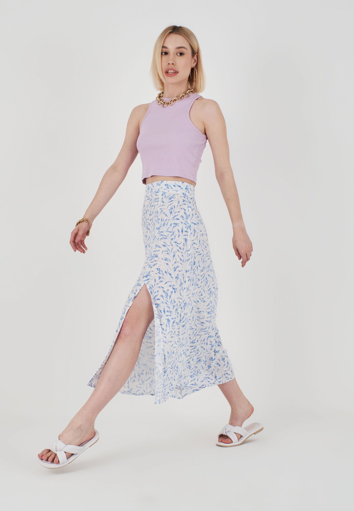 Blue Patterned Long Skirt - White