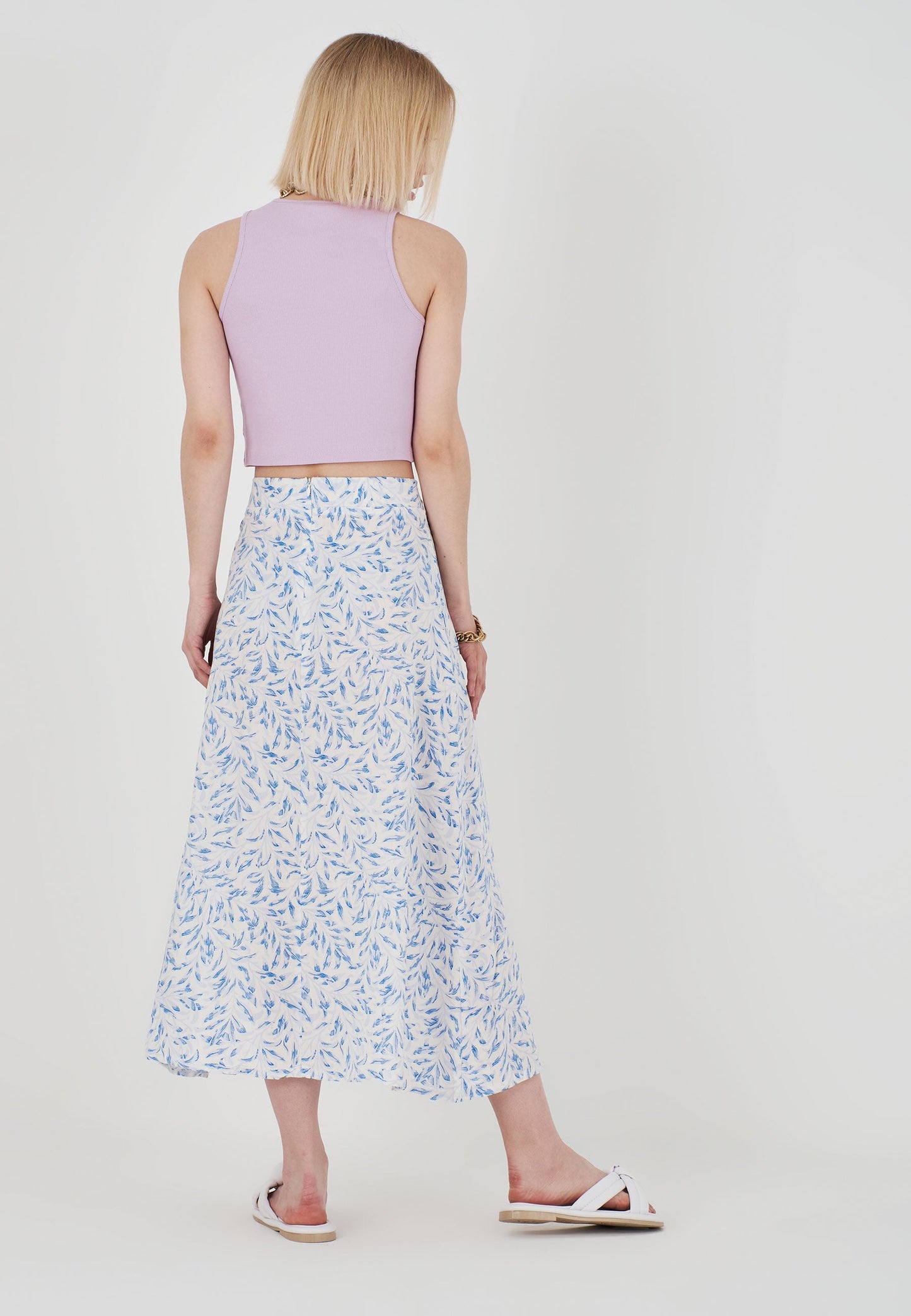 Blue Patterned Long Skirt - White