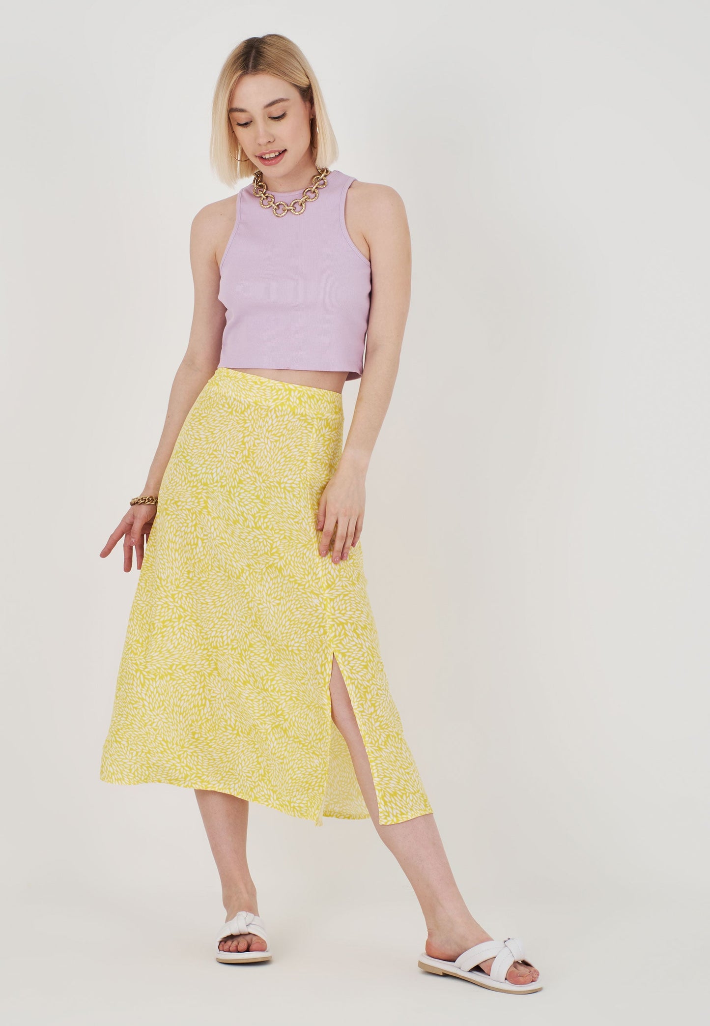 Yellow Patterned Skirt - White