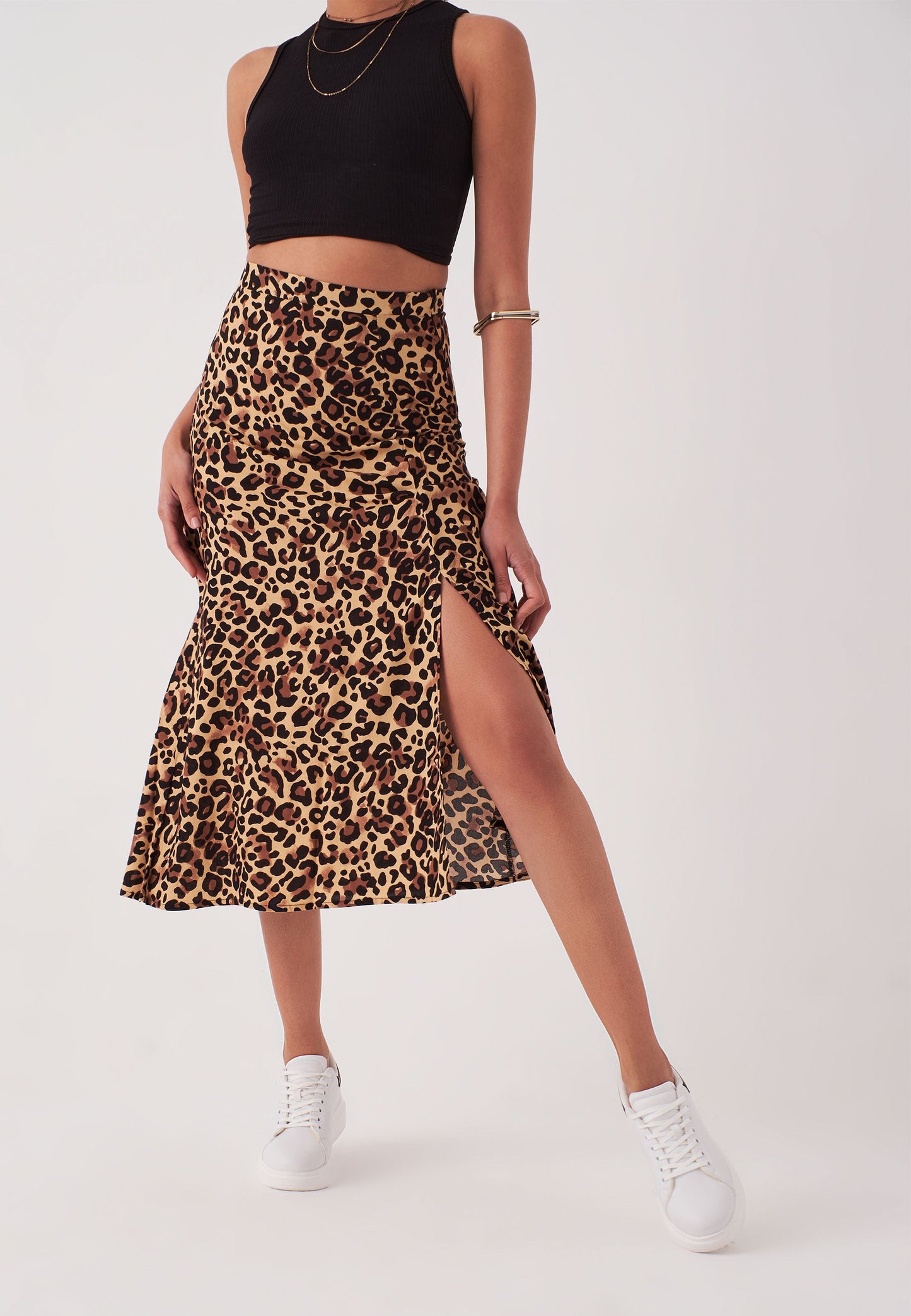 Women's Midi Length Leopard Print Skirt with Slits