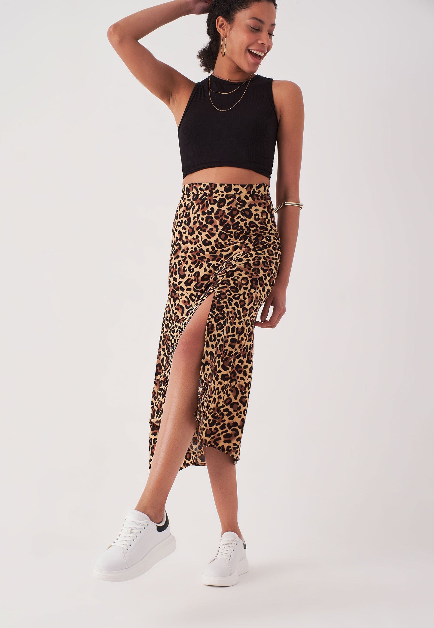 Women's Midi Length Leopard Print Skirt with Slits