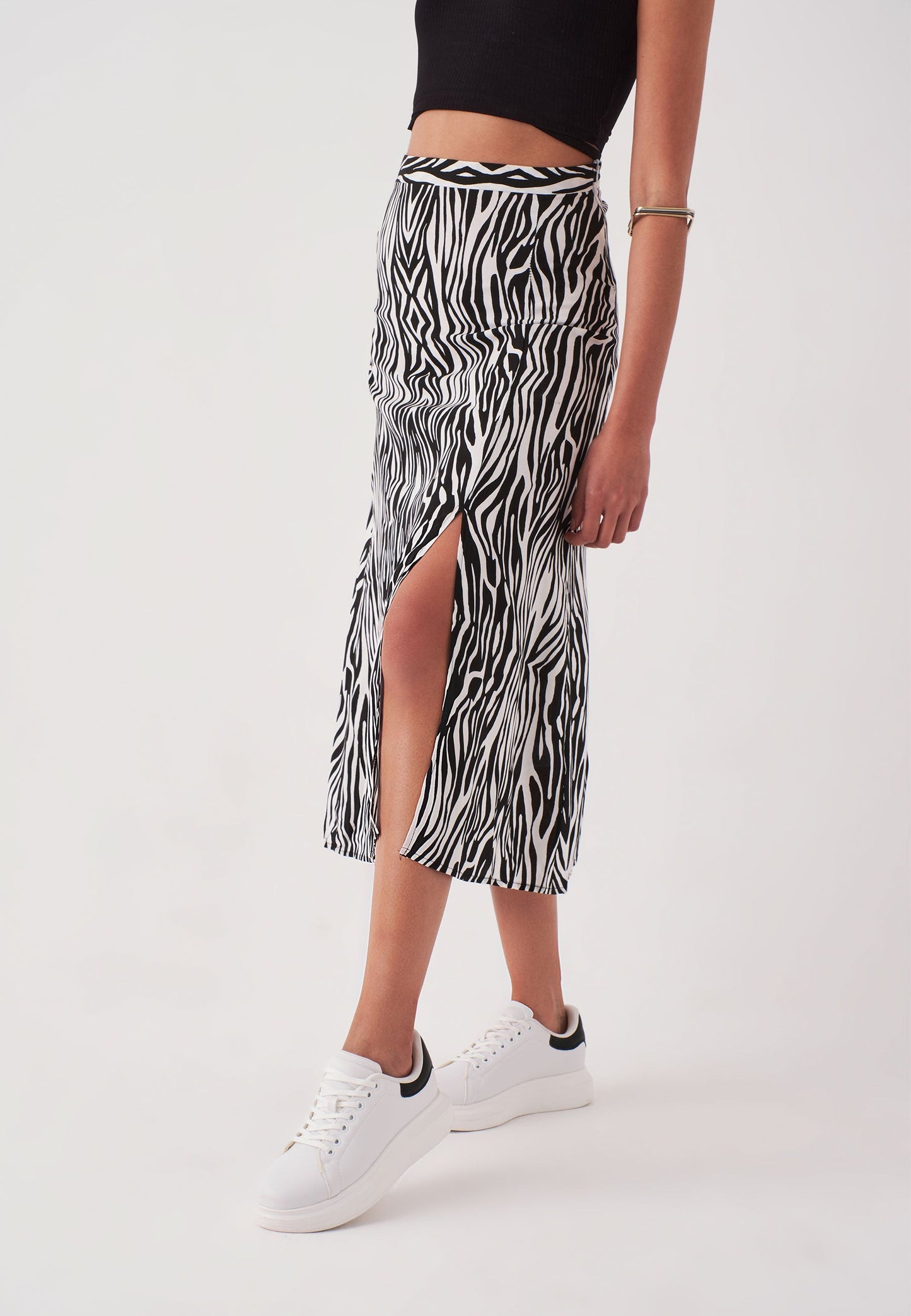 Women's Midi Length Zebra Print Skirt with Slits