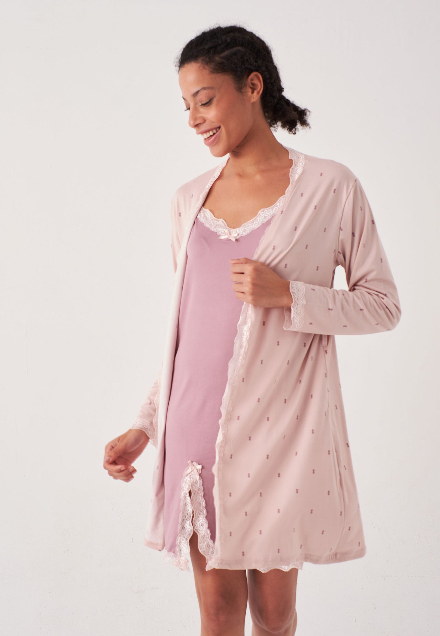 Herita Polka Dot & Lace Patterned Lace Dressing Gown 2 Piece Set