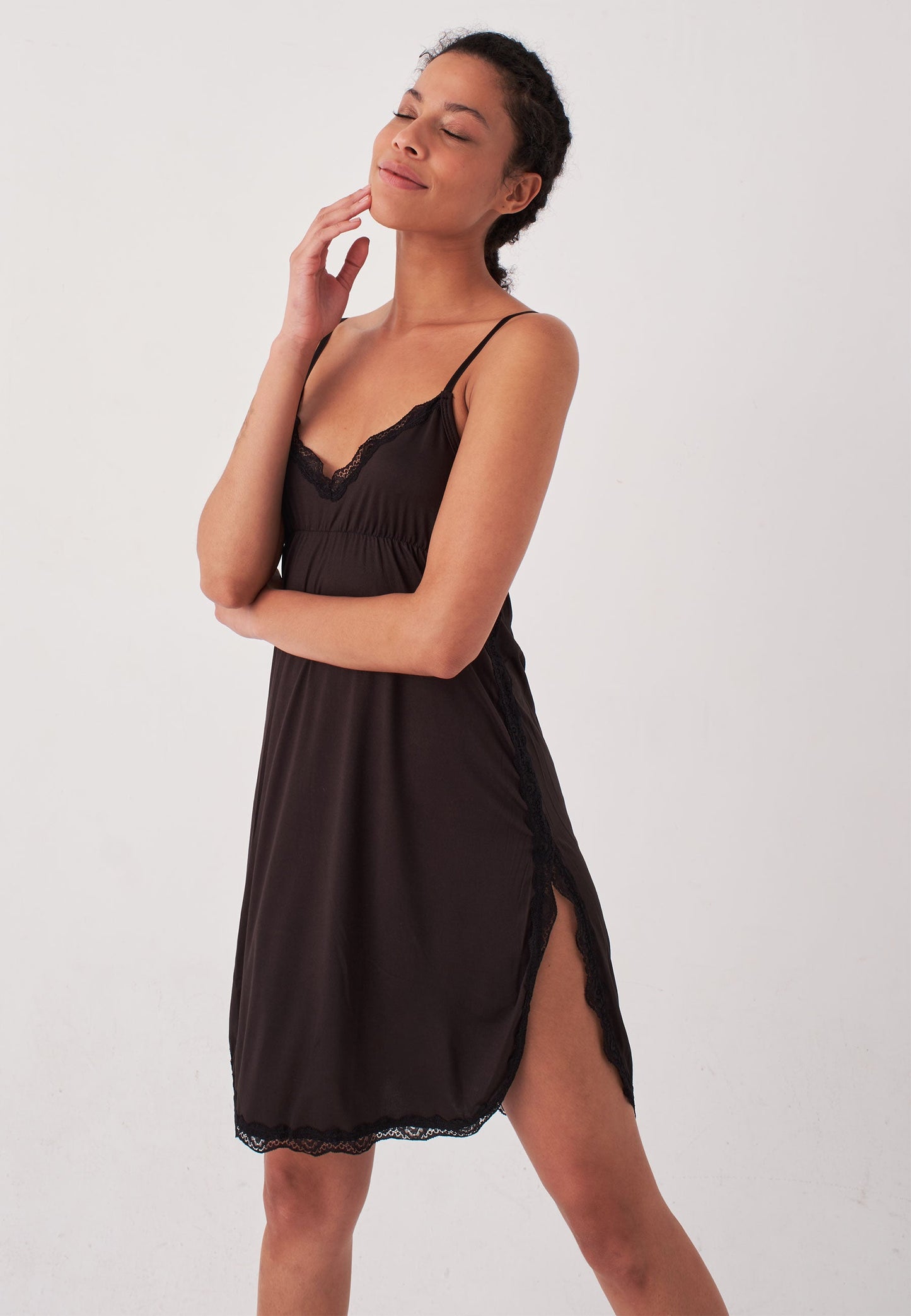 Black Lace Deep Slit Nightgown